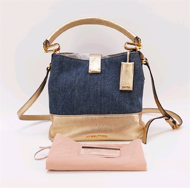 Túi Miu Miu demin phối da màu vàng KG+