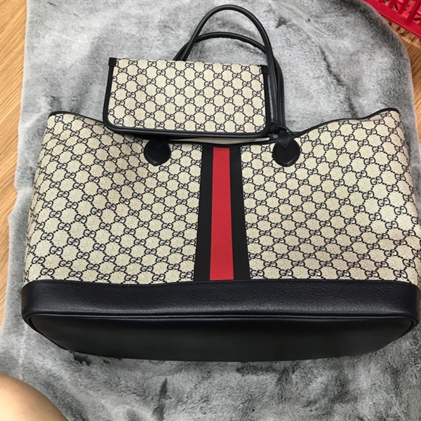 Túi Tote GG sọc đỏ xanh đen kèm pound +