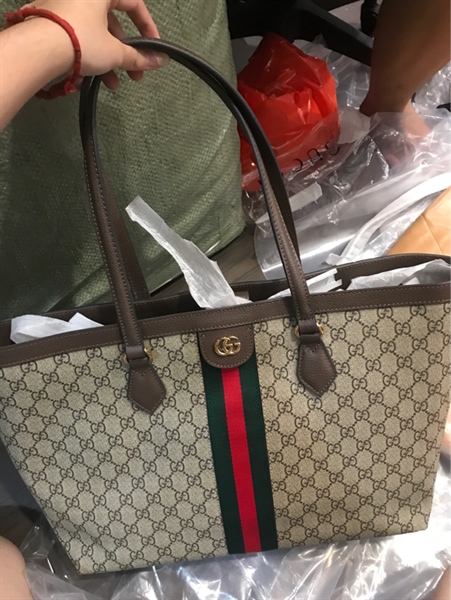 Túi GG tote xám viền nâu