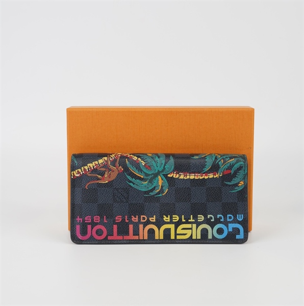 Ví dài LV ô vuông xanh đen vẽ cây dừa+