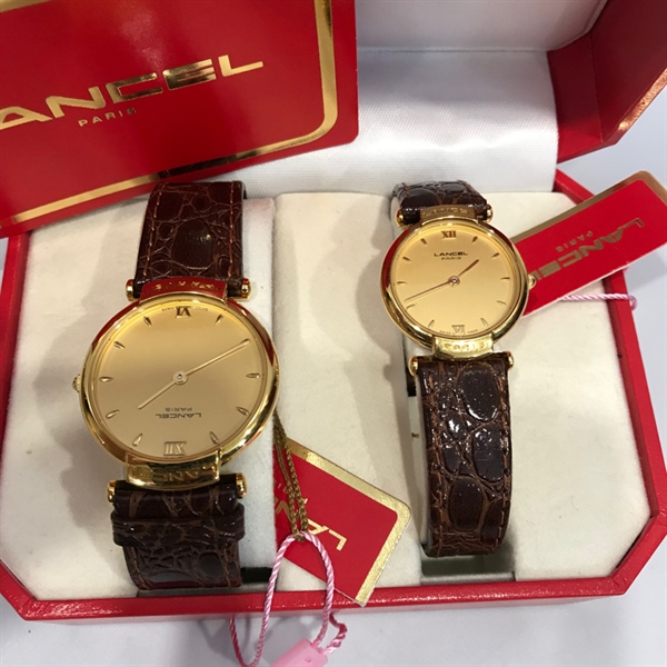 Đồng hồ Lancel cặp mặt vàng dây da nam KG+