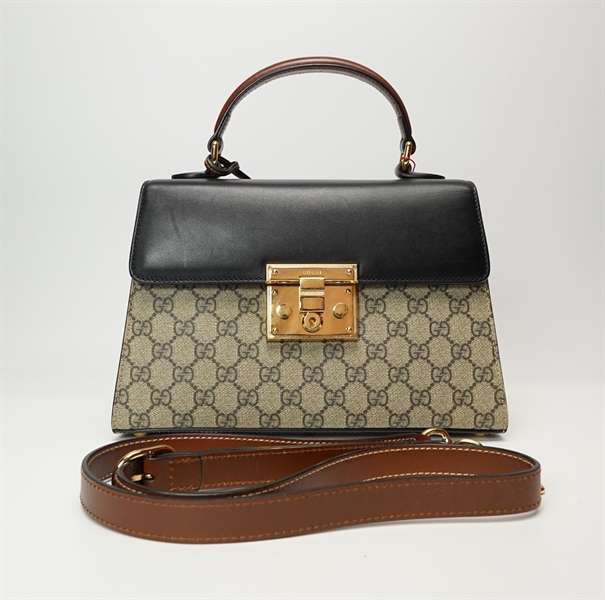 Túi hộp GG hoạ tiết phối da nâu +