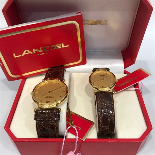 Đồng hồ Lancel cặp mặt vàng dây da nam KG+