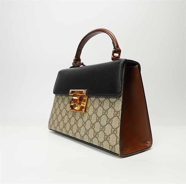 Túi hộp GG hoạ tiết phối da nâu +