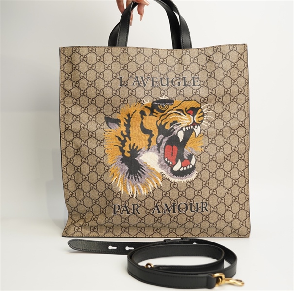 Túi GG tote nâu xám đầu hổ vàng 35cm TB+