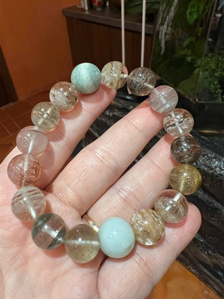 Vòng phong thuỷ thạch anh tóc mix cẩm thạch+ly13-15-2