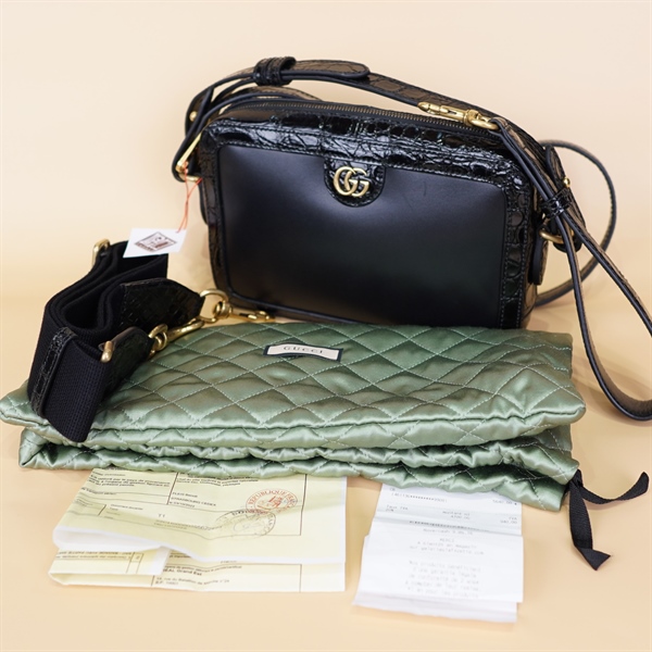 Túi xách GG đen viền da cá sấu +