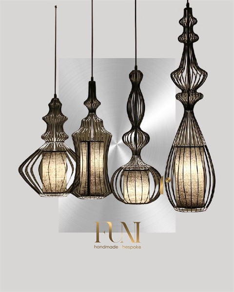 Đèn treo thông tầng | Kim loại, chụp vải | Đen - 3 size (D22x65+D26x68+D42x58 cm) (Bộ)
