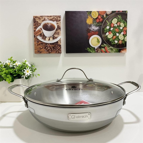 Chảo Xào 2 quai Inox 304 Cao Cấp 3 Lớp Đáy Liền Elmich 30cm
