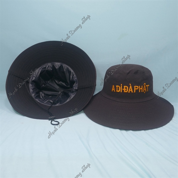 Nón tai bèo nam nữ thêu chữ A di đà phật, mũ tai bèo đi chùa vành rộng 9cm có lớp lót phía sau