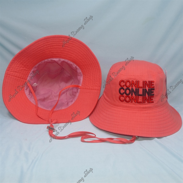 Nón tai bèo vành rộng 7,5cm vòng đầu 56-58cm phía trước có thêu chữ Conline vải cotton cao cấp phía trong có lớp lót và có dây quai khóa inox