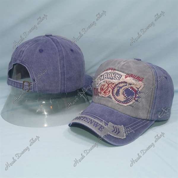 Nón kết hàng quảng châu, mũ lưỡi trai 5 múi thêu chữ Sharks Young vải kaki oát cao cấp vòng đầu 56-60cm đánh kiểu tua 2 bên hông và kết