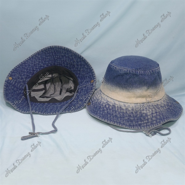 Nón tai bèo jean vành rộng 7,5cm vải jean loang hàng quảng châu, nón cao bồi jean vòng đầu 59-60cm có 2 dây rút phía trong, có dây quai inox