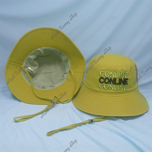 Nón tai bèo vành rộng 7,5cm vòng đầu 56-58cm phía trước có thêu chữ Conline vải cotton cao cấp phía trong có lớp lót và có dây quai khóa inox