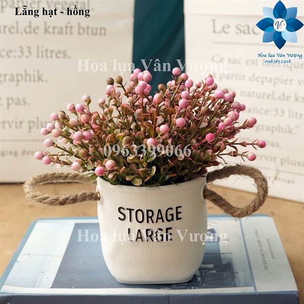 Lẵng hạt - Hồng - Chậu để bàn - Hoa Lụa Vân Vượng