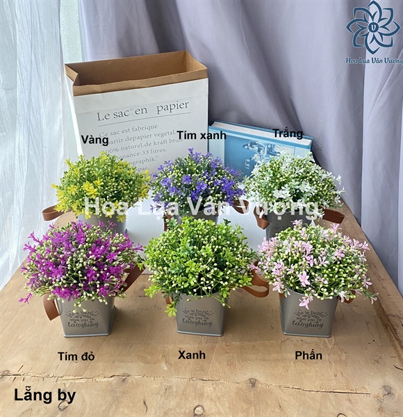 Lẵng By - Trắng - Chậu để bàn - Hoa Lụa Vân Vượng