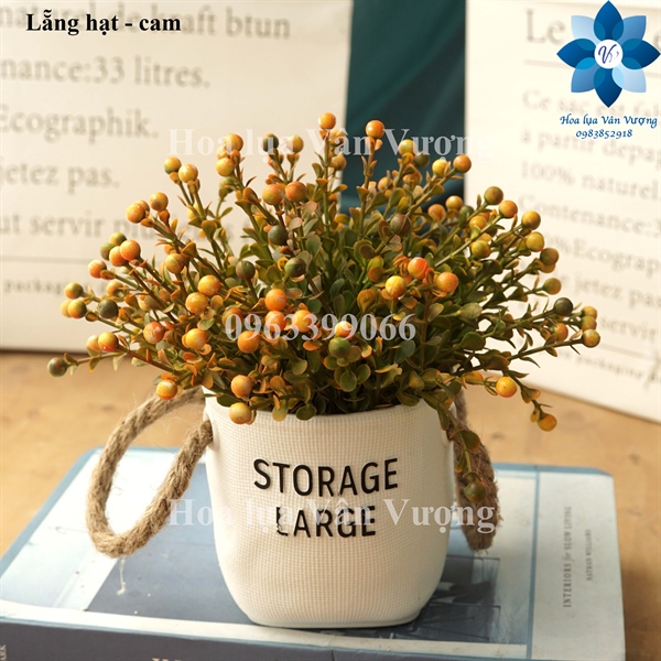 Lẵng hạt - Cam - Chậu để bàn - Hoa Lụa Vân Vượng