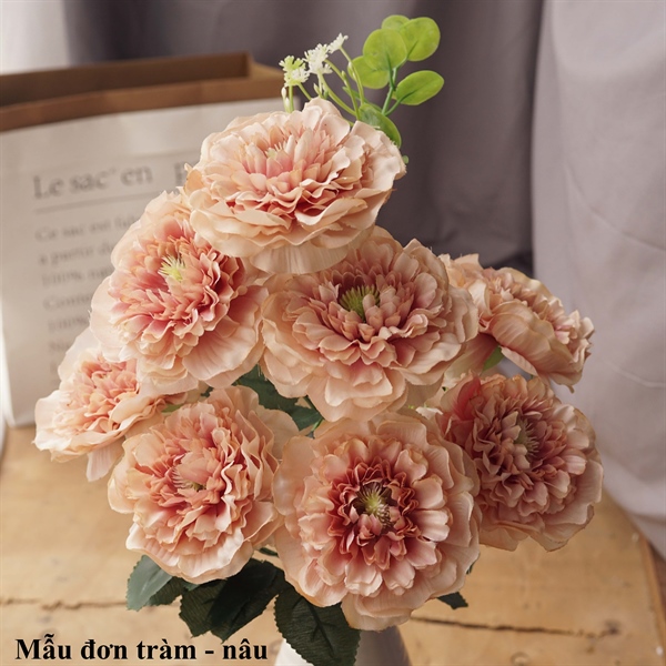 Mẫu đơn tràm - nâu - Hoa cành ngắn - Hoa Lụa Vân Vượng