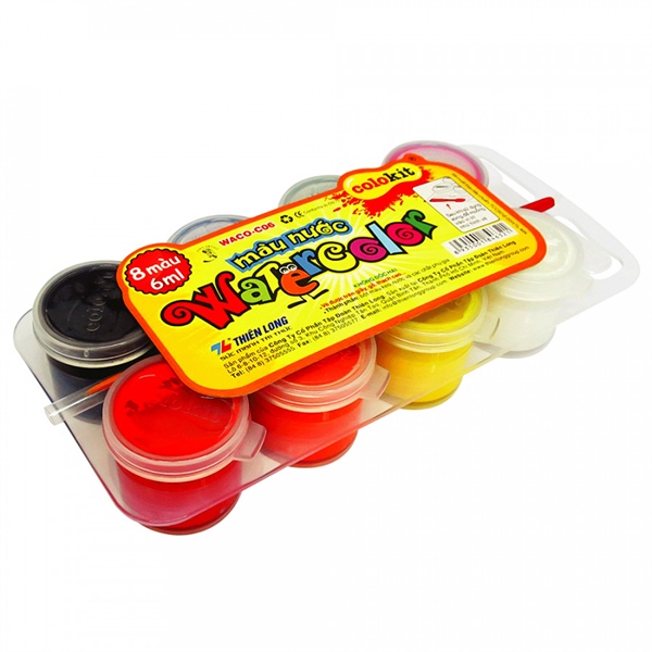 Màu nước Thiên Long Colokit 8 màu chất lượng, dễ pha trộn, tặng cọ và muỗng WACO-C06