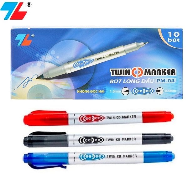Bút lông dầu 2 đầu bút Thiên Long PM-04 bám dính tốt trên các vật liệu: Giấy, gỗ,nhựa, thủy tinh, gốm, sứ