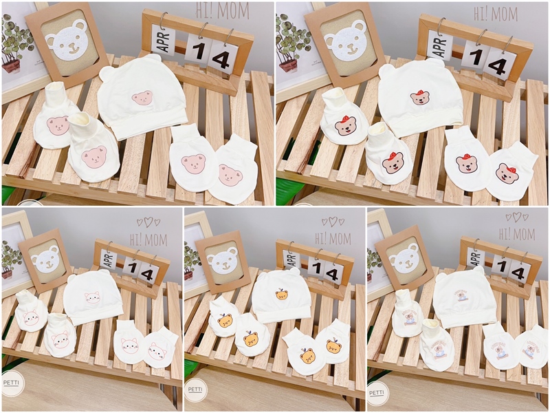 Set mũ + bao tay chân petit trắng Hi mom họa tiết