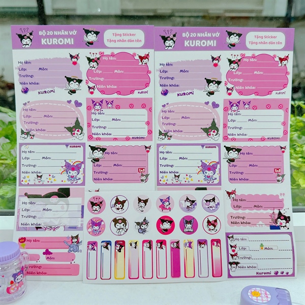 Set 10 túi nhãn vở Kuromi kèm sticker, Túi có 20 nhãn và sticker