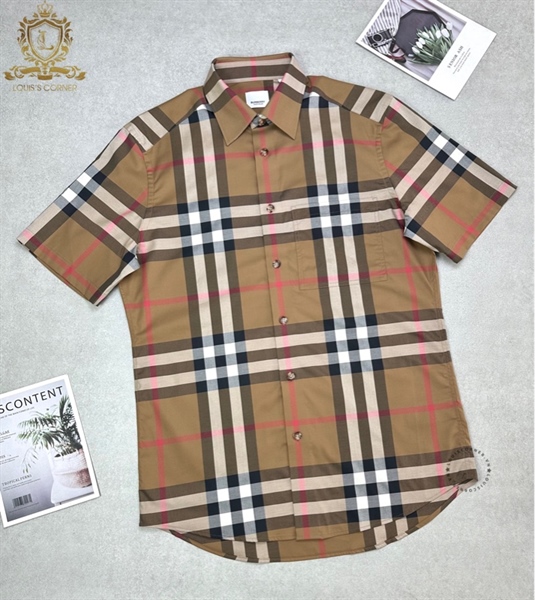 Sơ mi Burberry cộc tay taupe brown check cân