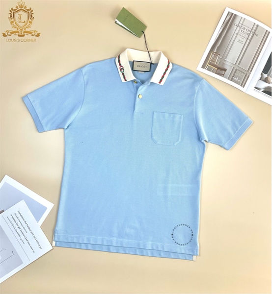 Polo Gucci xanh nhạt cổ be logo xoắn