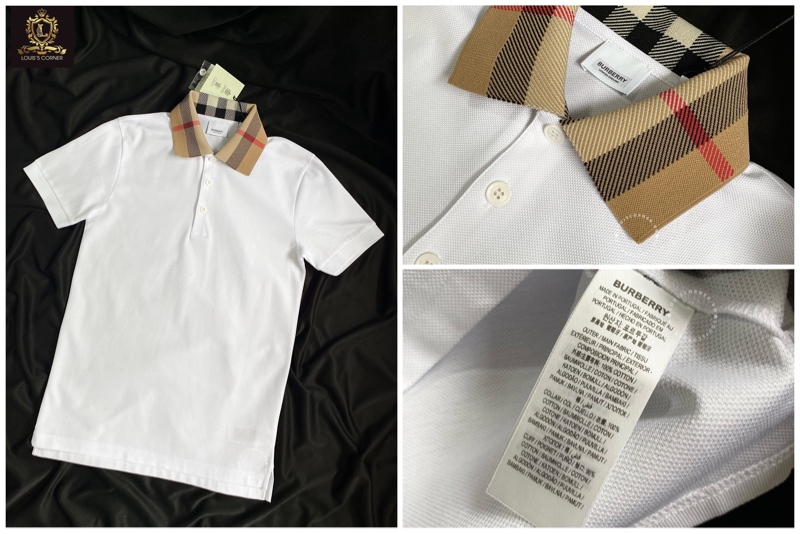 Polo Burberry trắng cổ check kẻ camel