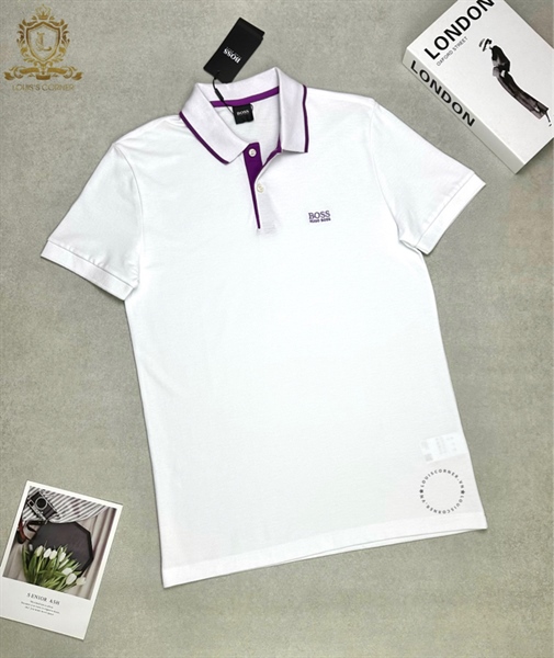 Polo Hugo boss trắng cổ viền tím chữ ngực