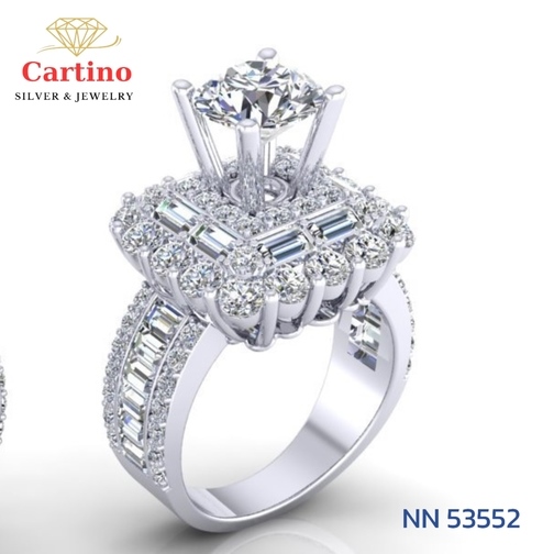 Nhẫn Bạc nữ xi Bạch Kim, mặt Halo vuông đính đá Baguette Sang trọng