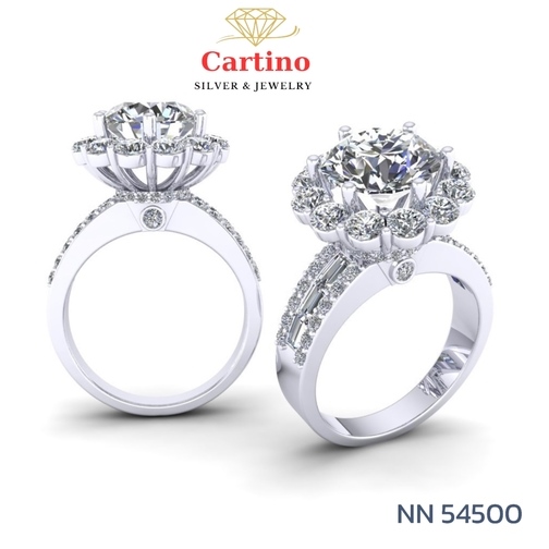 Nhẫn Bạc nữ xi Bạch Kim, mặt Halo tròn đính đá Sang trọng