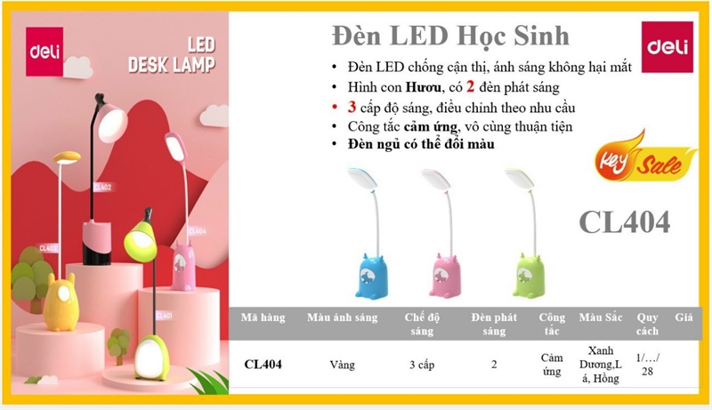 Đèn học Deli CL404 màu xanh lá, Thùng= 28
