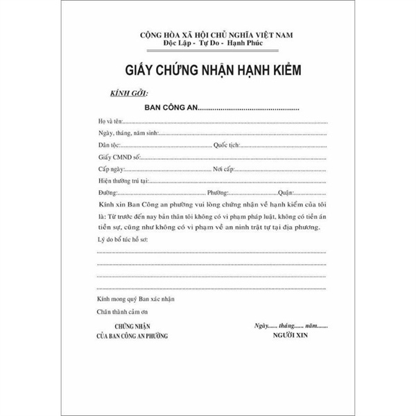 Đơn xin xác nhận hạnh kiểm