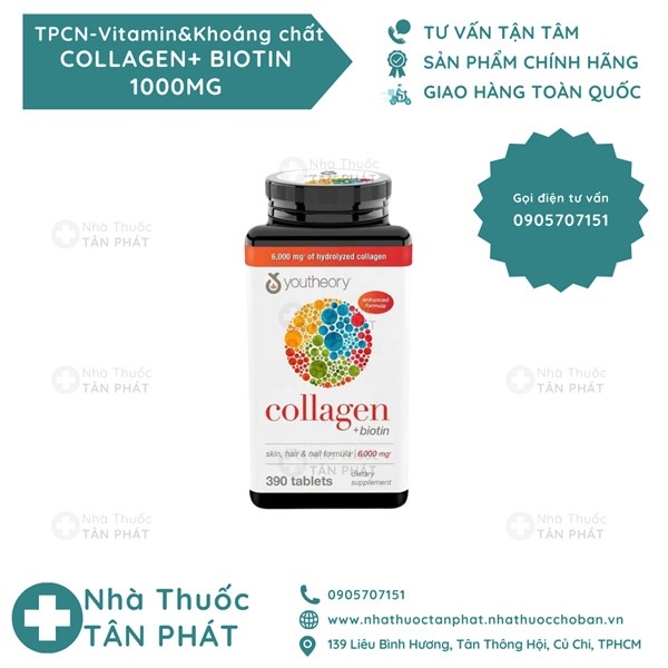 Viên uống Collagen & Vitamin C-Biotin/ YOUTHEORY chai 390 viên, bổ sung dưỡng chất cho da, tóc, móng - hàng Mĩ xách tay