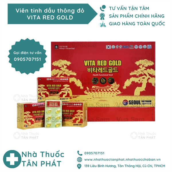 Viên tinh dầu thông đỏ VITA RED GOLD Hàn Quốc hộp nhỏ 5 vỉ x 6 viên / hộp lớn 180 viên (6 hộp nhỏ)