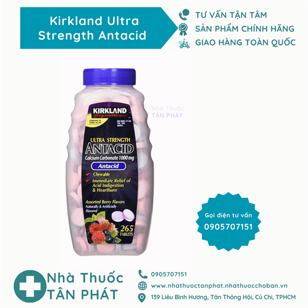 Kirkland Ultra Strength Antacid Ch/265v - Calcium Carbonate 1000mg USA - thuốc tiêu - Antacil
