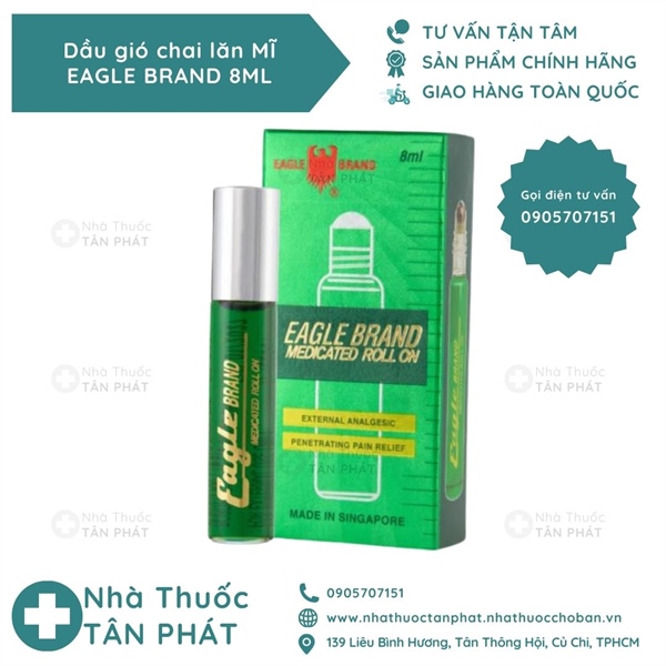 Dầu gió xanh dạng lăn Eagle Brand chai 8ml chính hãng Singapore- dầu gió xanh con Ó