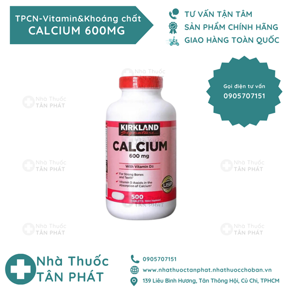 Viên canxi, D3 Calcium 600mg + Vitamin D3 KIRKLAND chai 500 viên nén trắng - bổ sung canxi, D3 giúp chắc khỏe xương, ngừa loãng xương - hàng Mĩ xách tay