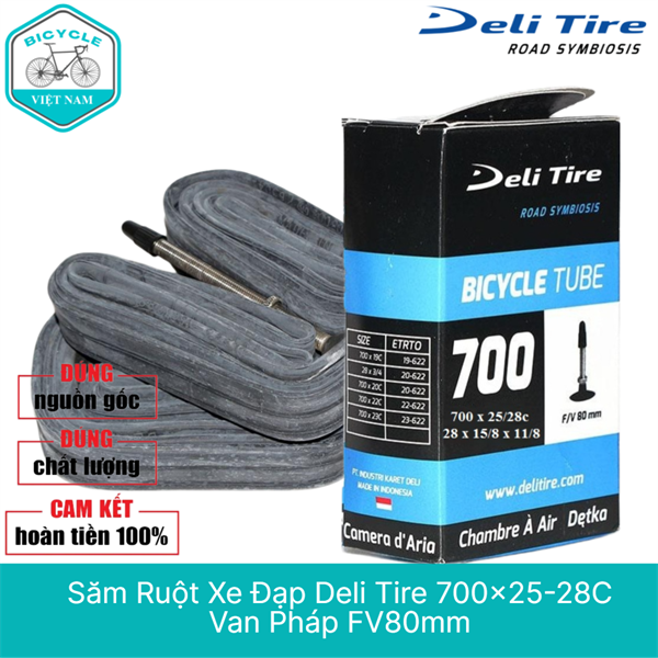Săm Ruột Xe Đạp Deli Tire 700x25-28C – Van Pháp FV 80mm, Chính Hãng Indonesia