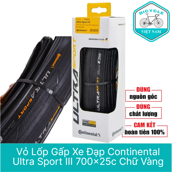 Vỏ Lốp Gấp Xe Đạp Cao Cấp Continental Ultra Sport III 700x25c Chữ Vàng