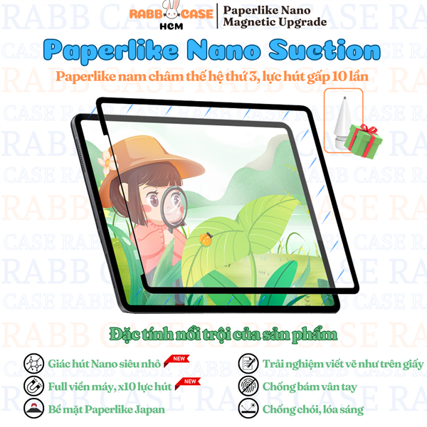 Miếng dán Paperlike nam châm nano suction full viền thế hệ mới, từ tính cao, chống chói