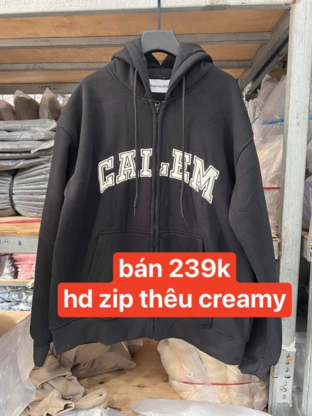 HOODIE ZIP CALEM THÊU CREAMY - ĐEN - M