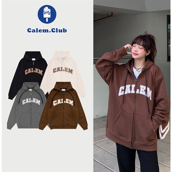 HOODIE ZIP CALEM THÊU LÔNG NỔI - NÂU - M