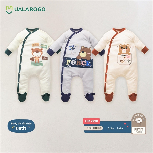 Bộ body dài cài chéo liền tất sơ sinh cho bé Uala vải Petit - Xanh than