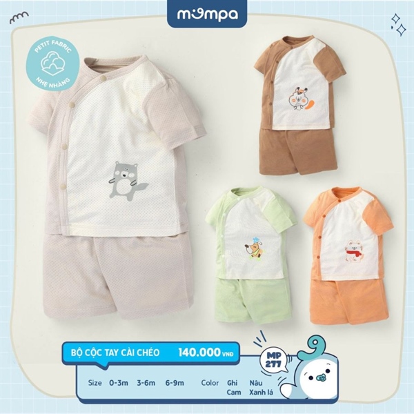 Bộ cài chéo cộc cho bé sơ sinh Mompa vải Bamboo lỗ thoáng mát - Cam