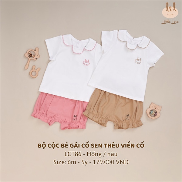 LiL Bộ cộc tay bé gái cổ sen thêu viền cổ - Viền cổ nâu