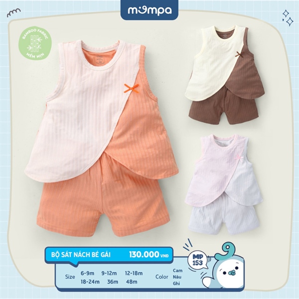Bộ sát nách bé gái Mompa vải Bamboo gân họa tiết nơ nhỏ - Hồng