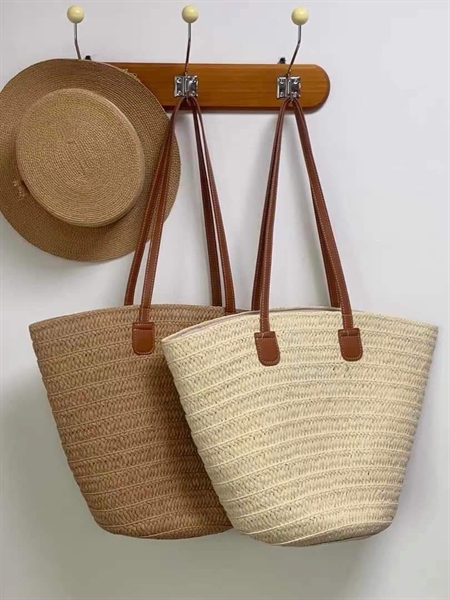 Túi cói làn kẻ trơn quai da to - Segde bag - Usd 6.8