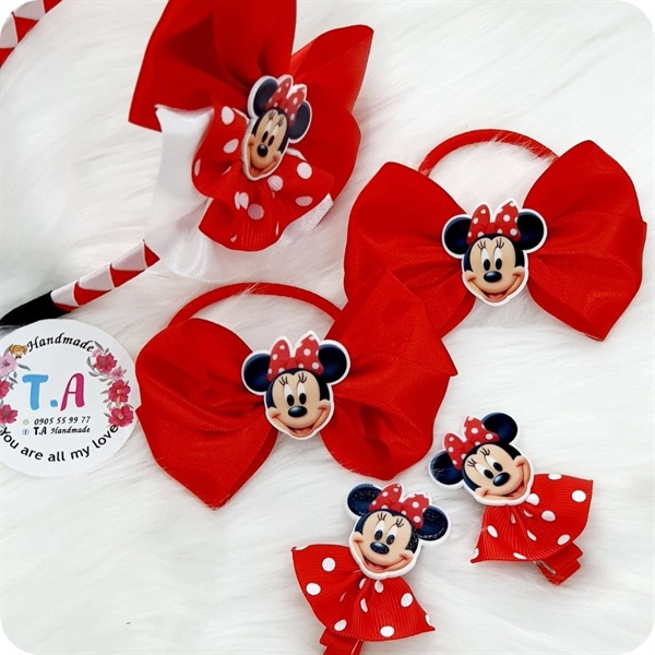 Hộp set cài cột kẹp tóc chuột Mickey handmade 5 chi tiết dành cho bé gái